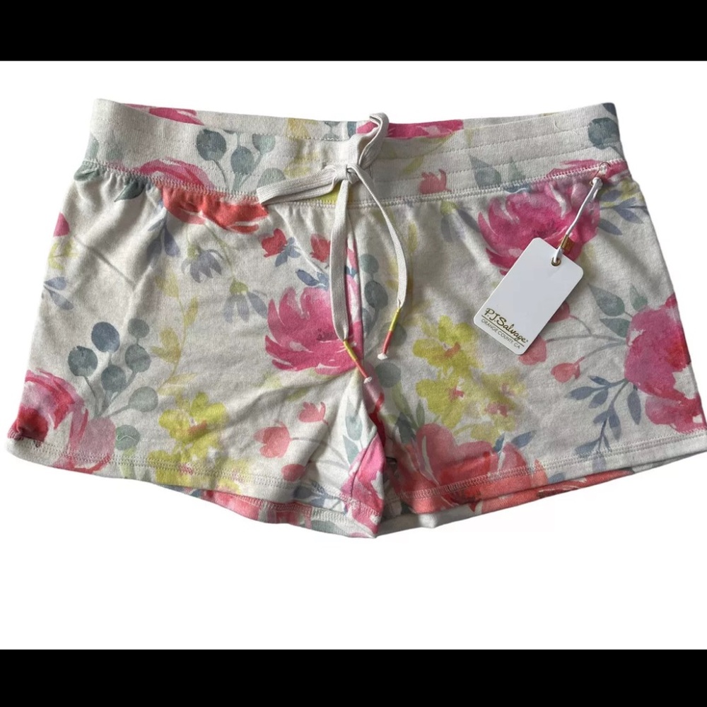 NWT PJ Salvage SUPER SOFT! Large Happy Blooms Floral Lounge Shorts Oatmeal Pink